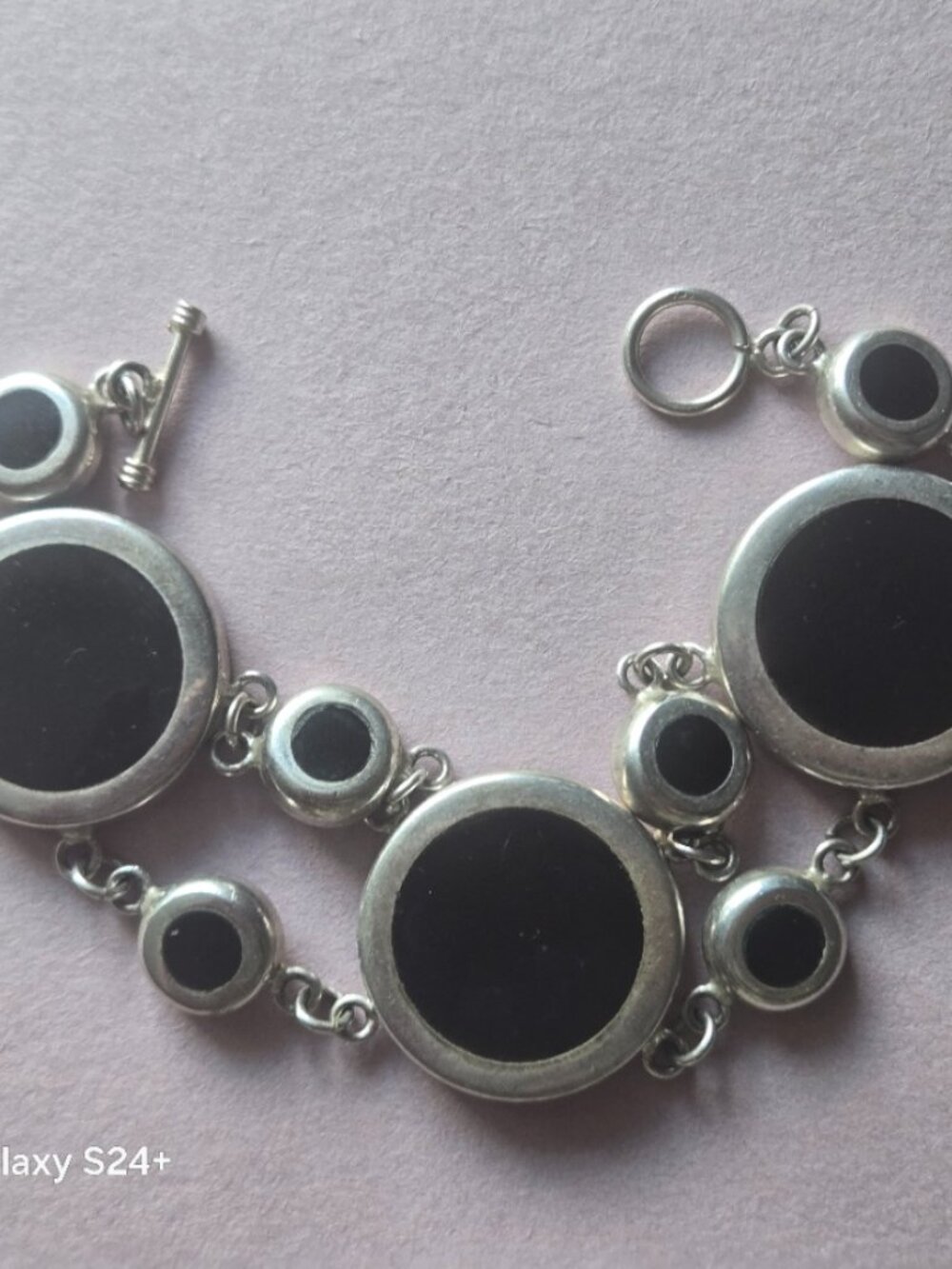 Sterling Silver 925 Black Onyx Round Link Bracelet